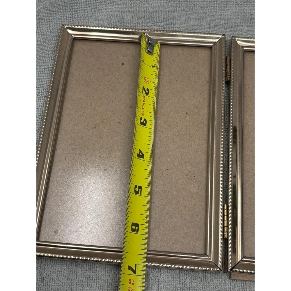 Vintage Gold Tone Metal Folding Double Picture Frame Beaded Edge 5x7